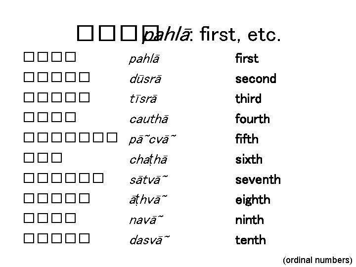 ���� pahlā: first, etc. ����� ������� ����� pahlā dūsrā tīsrā cauthā pā cvā chaṭhā