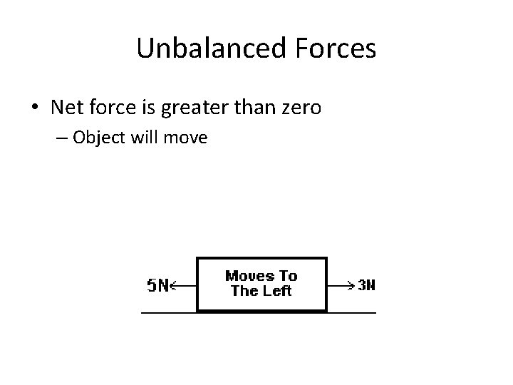 Unbalanced Forces • Net force is greater than zero – Object will move 