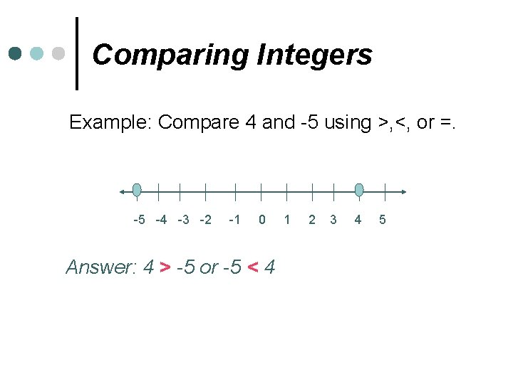 Comparing Integers Example: Compare 4 and -5 using >, <, or =. -5 -4 Comparing Integers Example: Compare 4 and -5 using >, <, or =. -5 -4