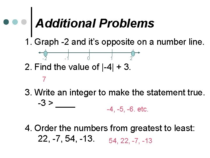 Additional Problems 1. Graph -2 and it’s opposite on a number line. -2 -1 Additional Problems 1. Graph -2 and it’s opposite on a number line. -2 -1