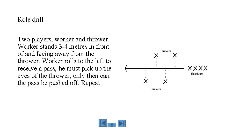 Role drill Two players, worker and thrower. Worker stands 3 -4 metres in front