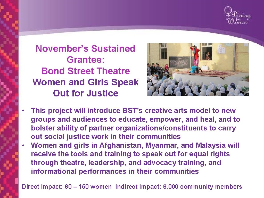 November’s Sustained Grantee: Bond Street Theatre Women and Girls Speak Out for Justice HEADLINE