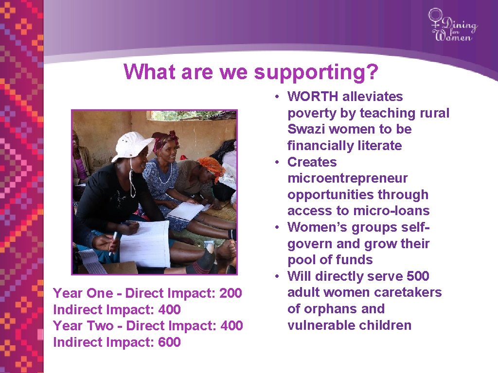 What are we supporting? Year One - Direct Impact: 200 Indirect Impact: 400 Year