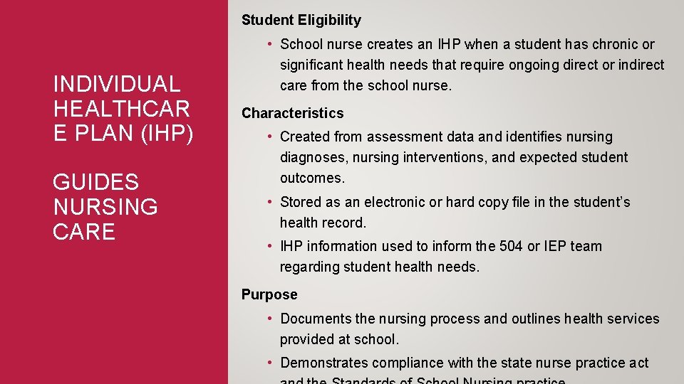 Student Eligibility INDIVIDUAL HEALTHCAR E PLAN (IHP) GUIDES NURSING CARE • School nurse creates