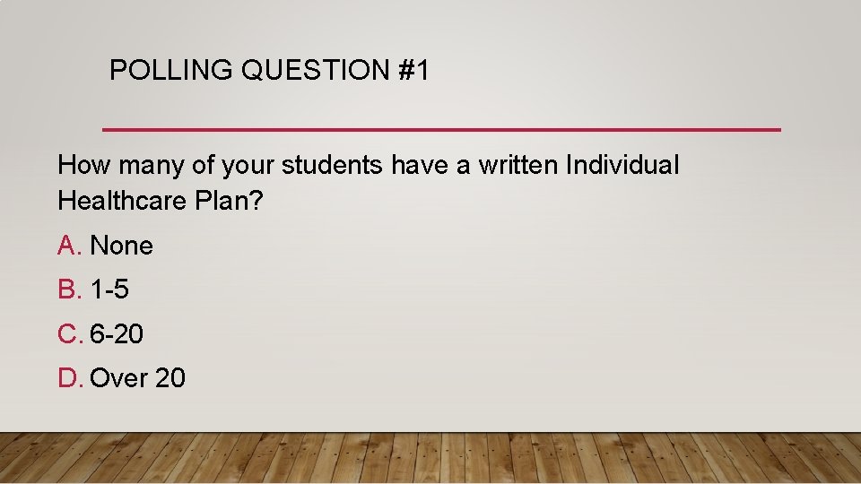 POLLING QUESTION #1 How many of your students have a written Individual Healthcare Plan?