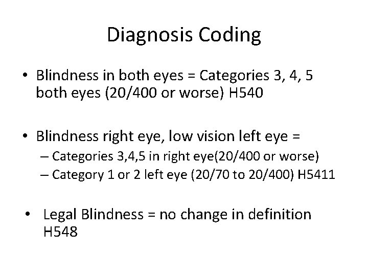 Diagnosis Coding • Blindness in both eyes = Categories 3, 4, 5 both eyes
