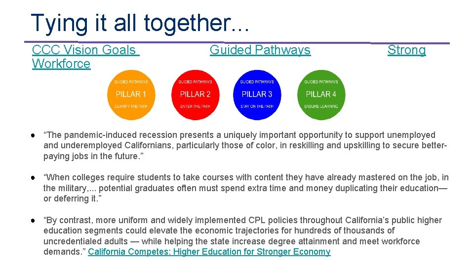 Tying it all together. . . CCC Vision Goals Workforce Guided Pathways Strong ●
