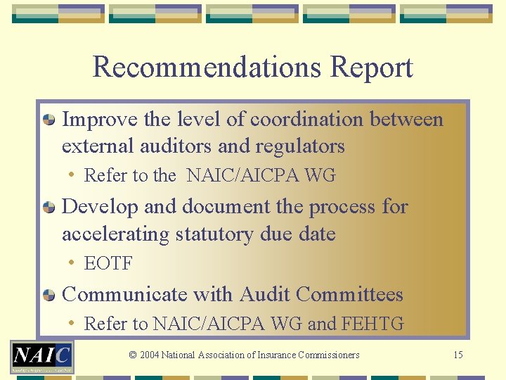 Recommendations Report Improve the level of coordination between external auditors and regulators • Refer