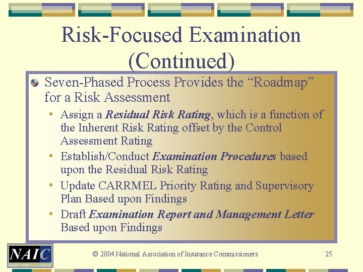 Risk-Focused Examination (Continued) Seven-Phased Process Provides the “Roadmap” for a Risk Assessment • Assign