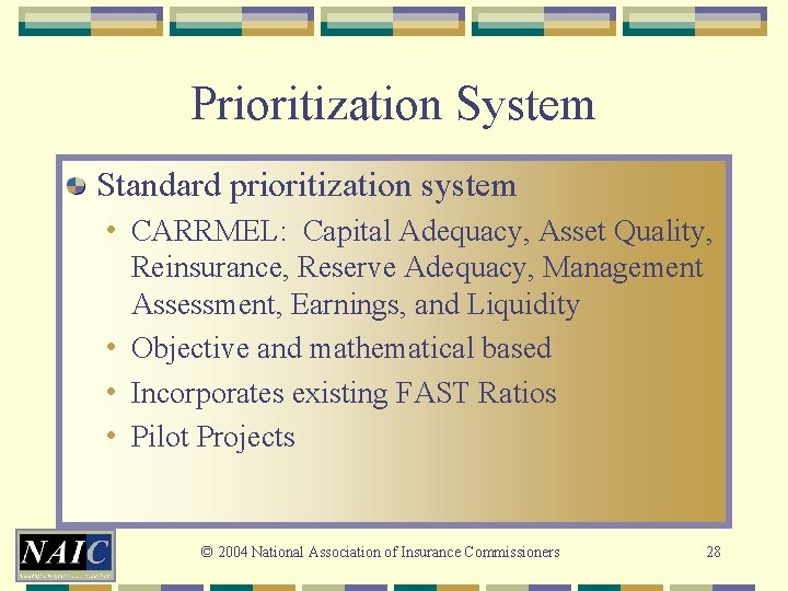 Prioritization System Standard prioritization system • CARRMEL: Capital Adequacy, Asset Quality, Reinsurance, Reserve Adequacy,