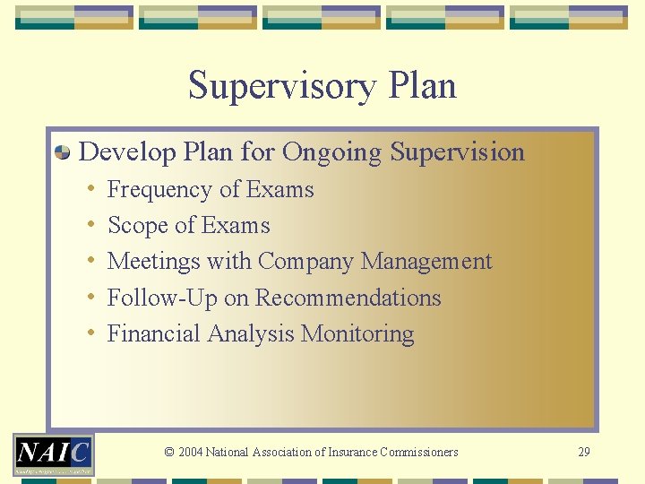 Supervisory Plan Develop Plan for Ongoing Supervision • • • Frequency of Exams Scope