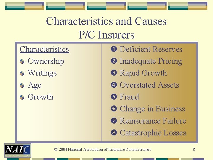 Characteristics and Causes P/C Insurers Characteristics Ownership Writings Age Growth Deficient Reserves Inadequate Pricing