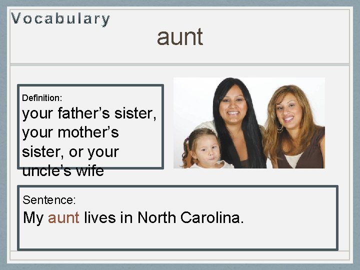 aunt Definition: your father’s sister, your mother’s sister, or your uncle’s wife Sentence: My