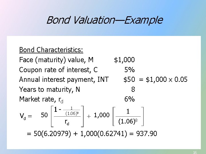 Bond Valuation—Example Bond Characteristics: Face (maturity) value, M $1, 000 Coupon rate of interest,