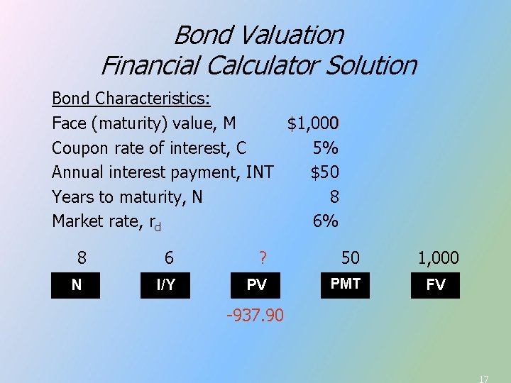 Bond Valuation Financial Calculator Solution Bond Characteristics: Face (maturity) value, M $1, 000 Coupon