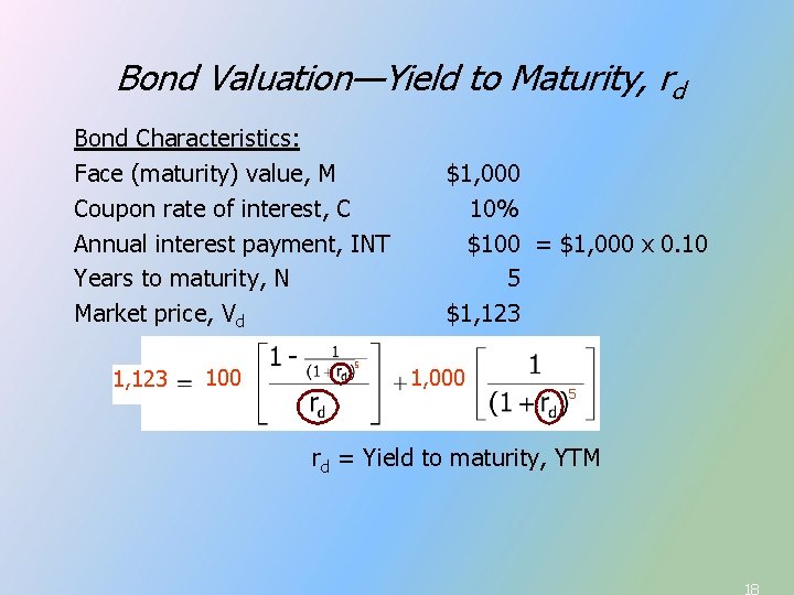 Bond Valuation—Yield to Maturity, rd Bond Characteristics: Face (maturity) value, M Coupon rate of