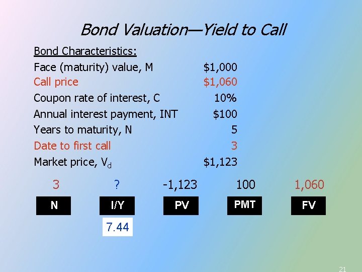 Bond Valuation—Yield to Call Bond Characteristics: Face (maturity) value, M Call price Coupon rate