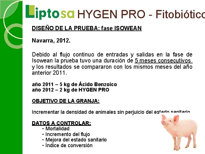 HYGEN PRO - Fitobiótico DISEÑO DE LA PRUEBA: fase ISOWEAN Navarra, 2012. Debido al