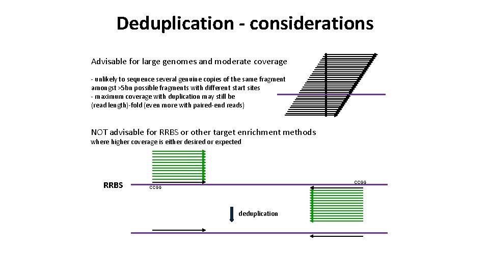 Deduplication - considerations Advisable for large genomes and moderate coverage - unlikely to sequence