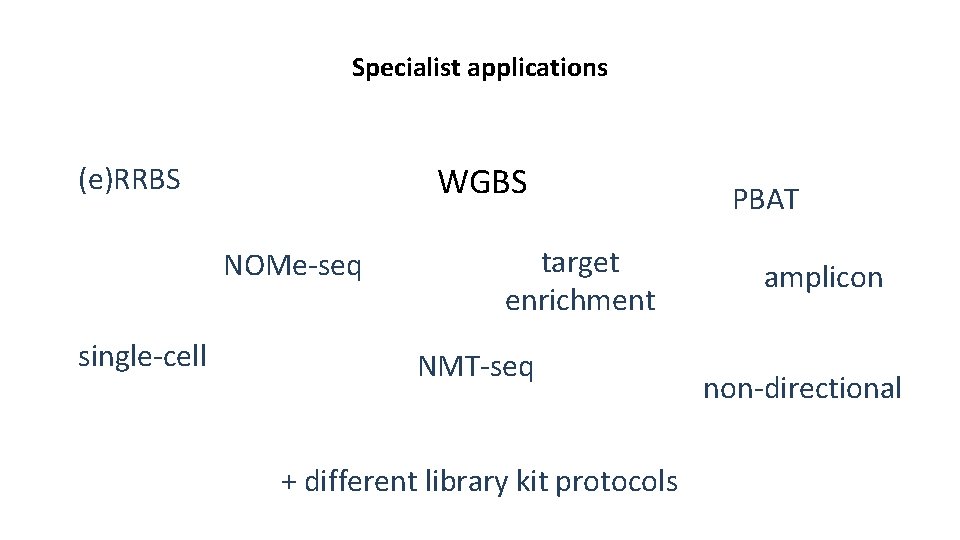 Specialist applications WGBS (e)RRBS NOMe-seq single-cell target enrichment NMT-seq + different library kit protocols