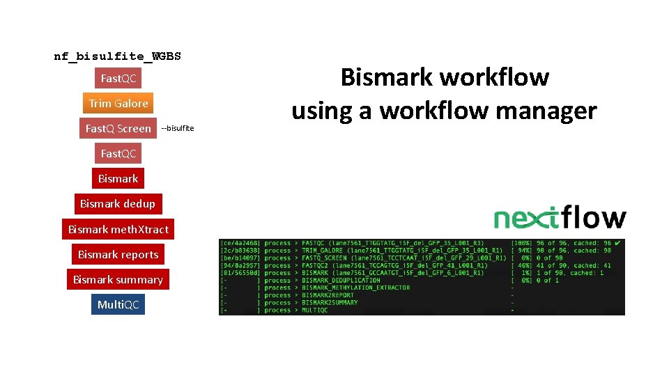 nf_bisulfite_WGBS Fast. QC Trim Galore Fast. Q Screen --bisulfite Fast. QC Bismark dedup Bismark