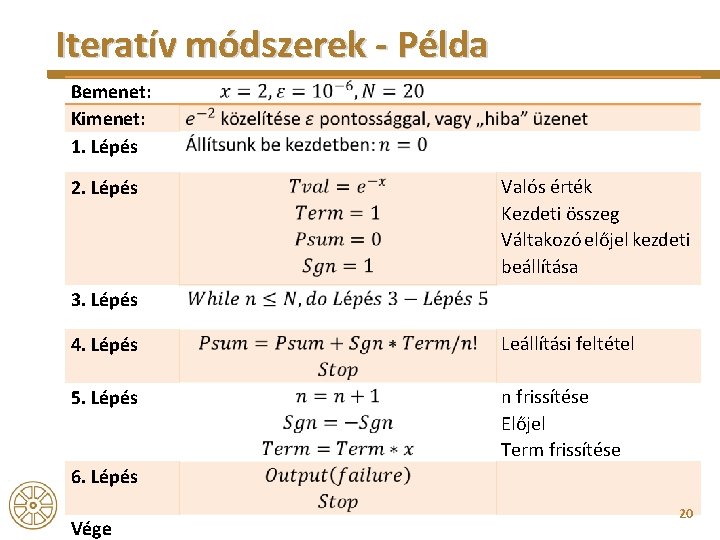 Iteratív módszerek - Példa Bemenet: Kimenet: 1. Lépés 2. Lépés Valós érték Kezdeti összeg