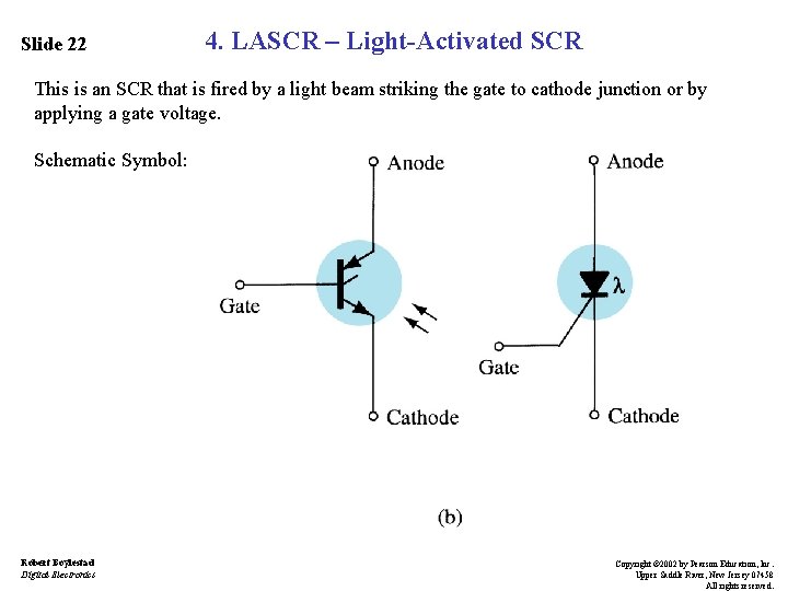 Slide 22 4. LASCR – Light-Activated SCR This is an SCR that is fired