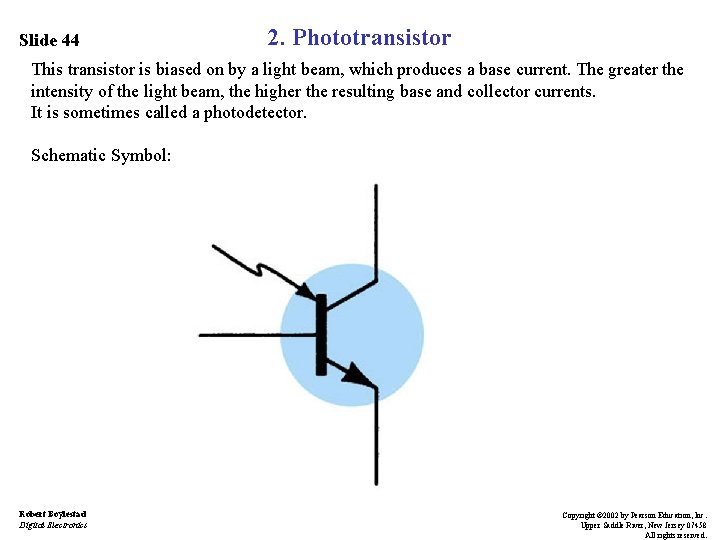 Slide 44 2. Phototransistor This transistor is biased on by a light beam, which