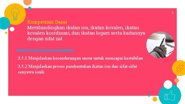 2 Kompetensi Dasar Membandingkan ikatan ion, ikatan kovalen koordinasi, dan ikatan logam serta kaitannya