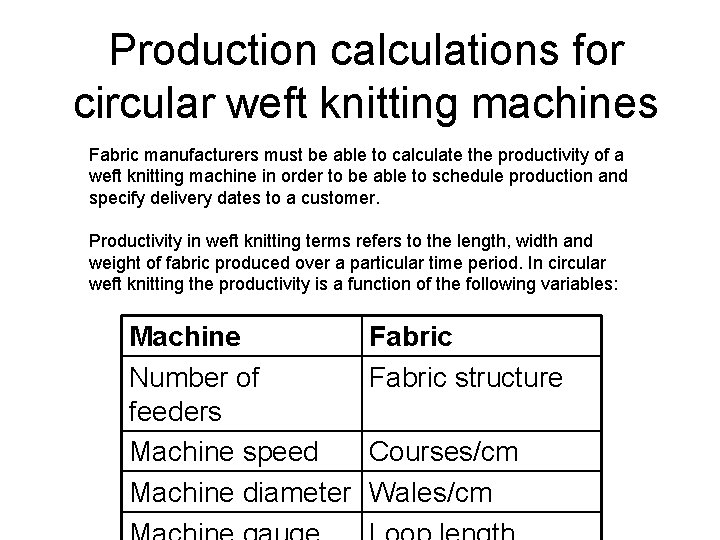 Production calculations for circular weft knitting machines Fabric manufacturers must be able to calculate