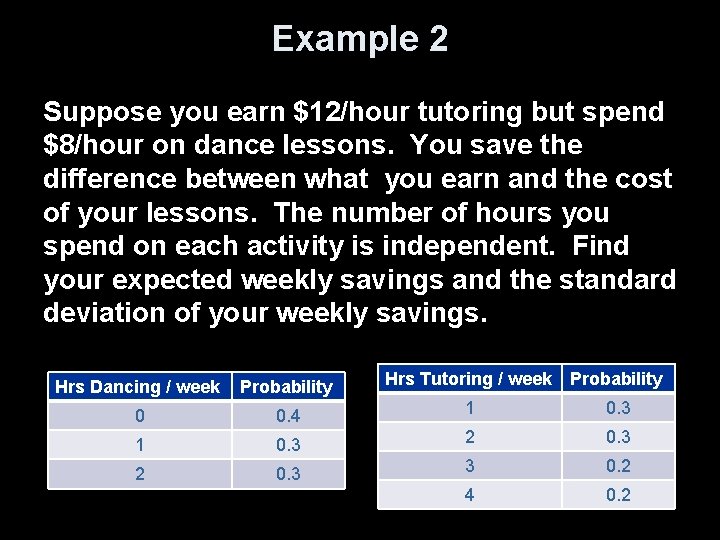 Example 2 Suppose you earn $12/hour tutoring but spend $8/hour on dance lessons. You