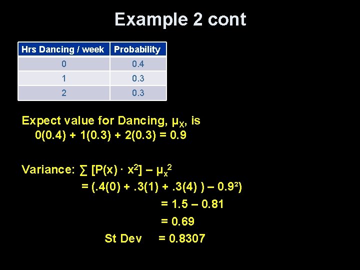 Example 2 cont Hrs Dancing / week Probability 0 0. 4 1 0. 3