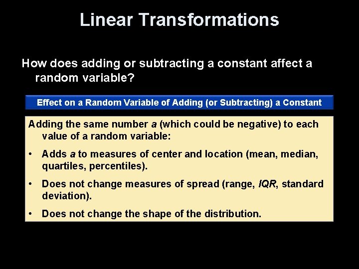 Linear Transformations How does adding or subtracting a constant affect a random variable? Effect