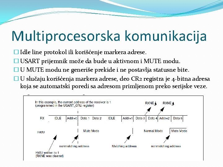 Multiprocesorska komunikacija � Idle line protokol ili korišćenje markera adrese. � USART prijemnik može