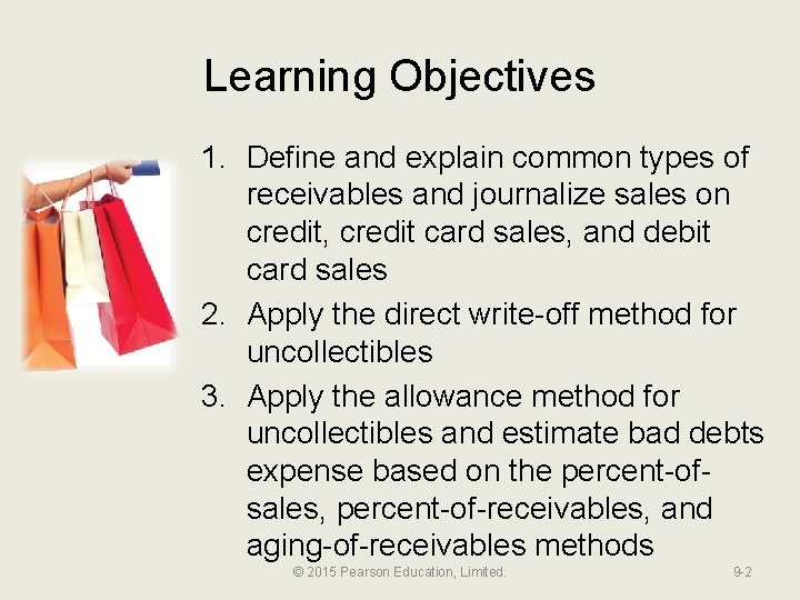 Learning Objectives 1. Define and explain common types of receivables and journalize sales on