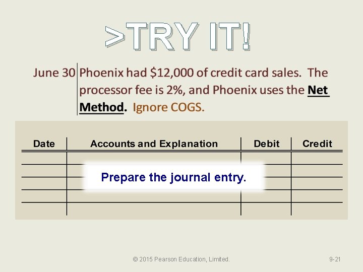 >TRY IT! Prepare the journal entry. © 2015 Pearson Education, Limited. 9 -21 