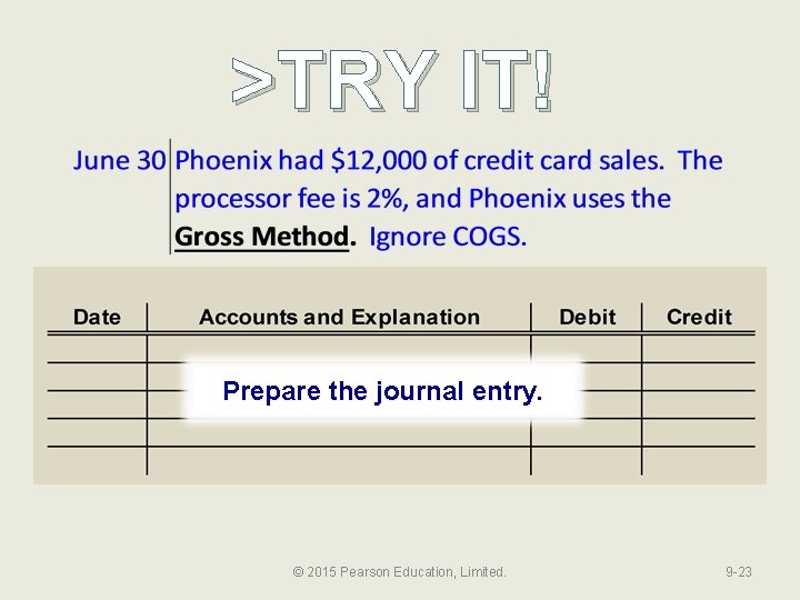 >TRY IT! Prepare the journal entry. © 2015 Pearson Education, Limited. 9 -23 