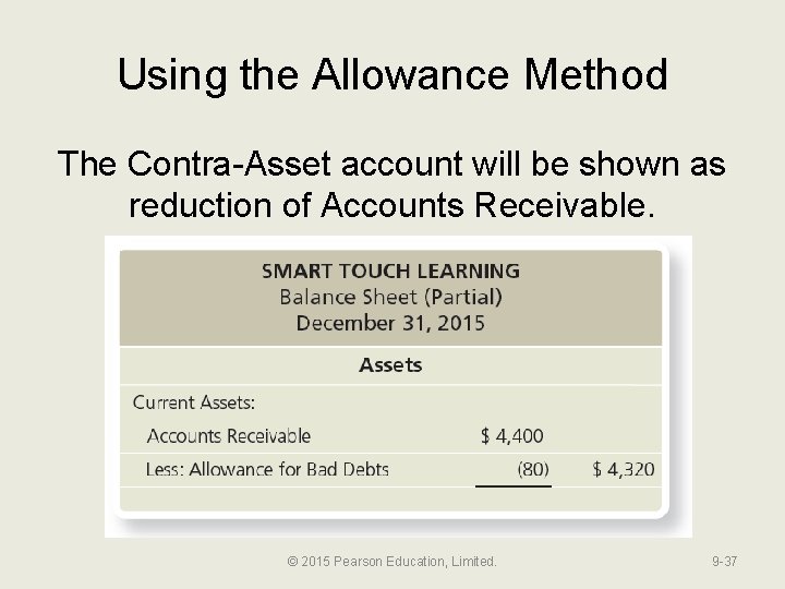 Using the Allowance Method The Contra-Asset account will be shown as reduction of Accounts