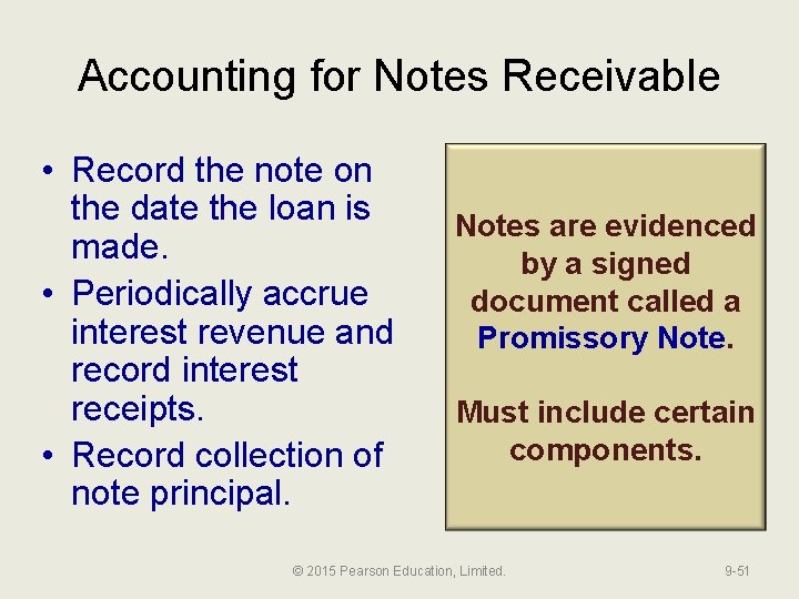 Accounting for Notes Receivable • Record the note on the date the loan is