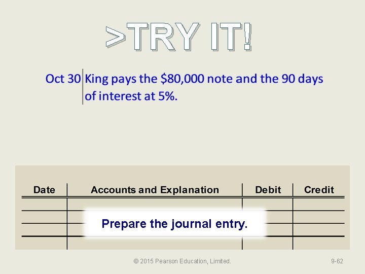 >TRY IT! Prepare the journal entry. © 2015 Pearson Education, Limited. 9 -62 