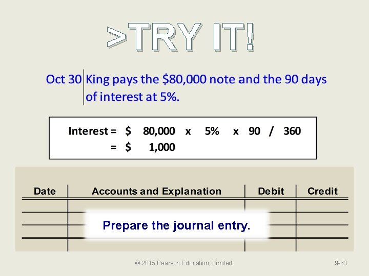 >TRY IT! Prepare the journal entry. © 2015 Pearson Education, Limited. 9 -63 