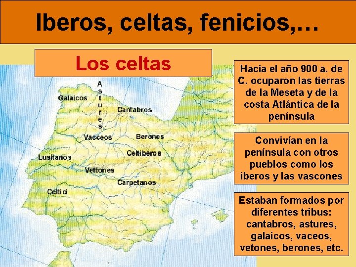 Iberos, celtas, fenicios, … Los celtas Hacia el año 900 a. de C. ocuparon