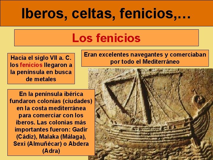 Iberos, celtas, fenicios, … Los fenicios Hacia el siglo VII a. C. los fenicios