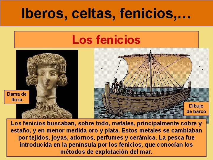 Iberos, celtas, fenicios, … Los fenicios Dama de Ibiza Dibujo de barco Los fenicios