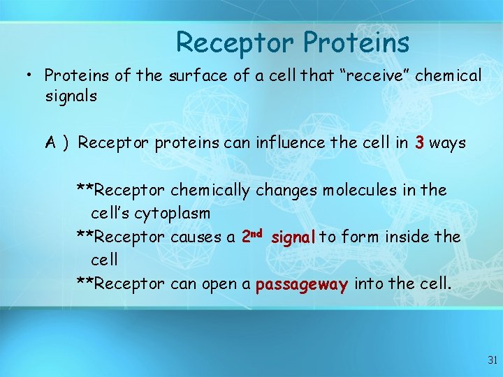 Receptor Proteins • Proteins of the surface of a cell that “receive” chemical signals