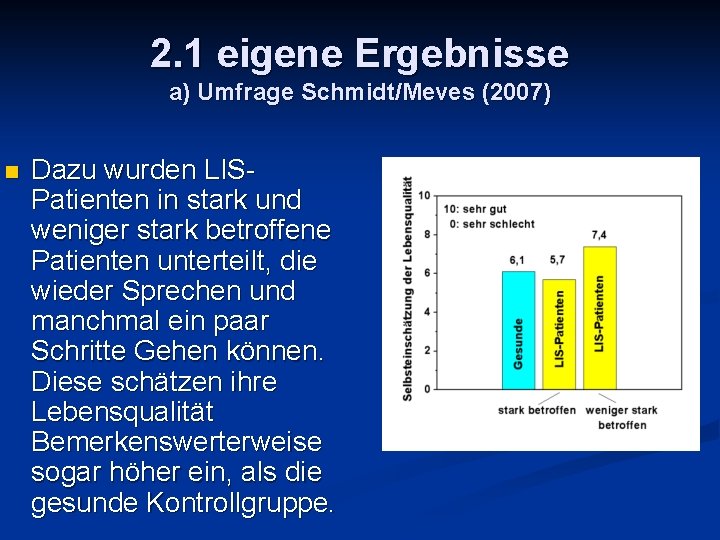 2. 1 eigene Ergebnisse a) Umfrage Schmidt/Meves (2007) n Dazu wurden LISPatienten in stark