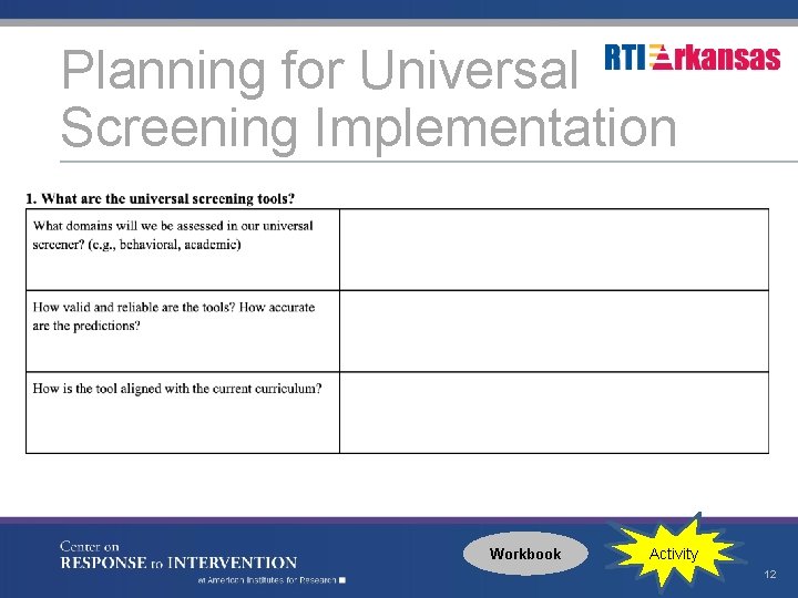 Planning for Universal Screening Implementation Workbook Activity 12 
