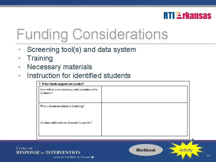 Funding Considerations ▪ ▪ Screening tool(s) and data system Training Necessary materials Instruction for