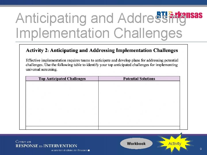 Anticipating and Addressing Implementation Challenges Workbook Activity 9 