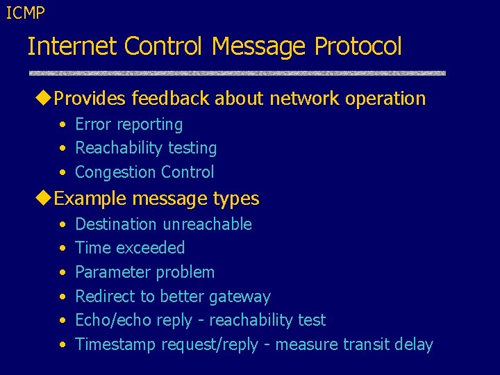 ICMP Internet Control Message Protocol u. Provides feedback about network operation • Error reporting